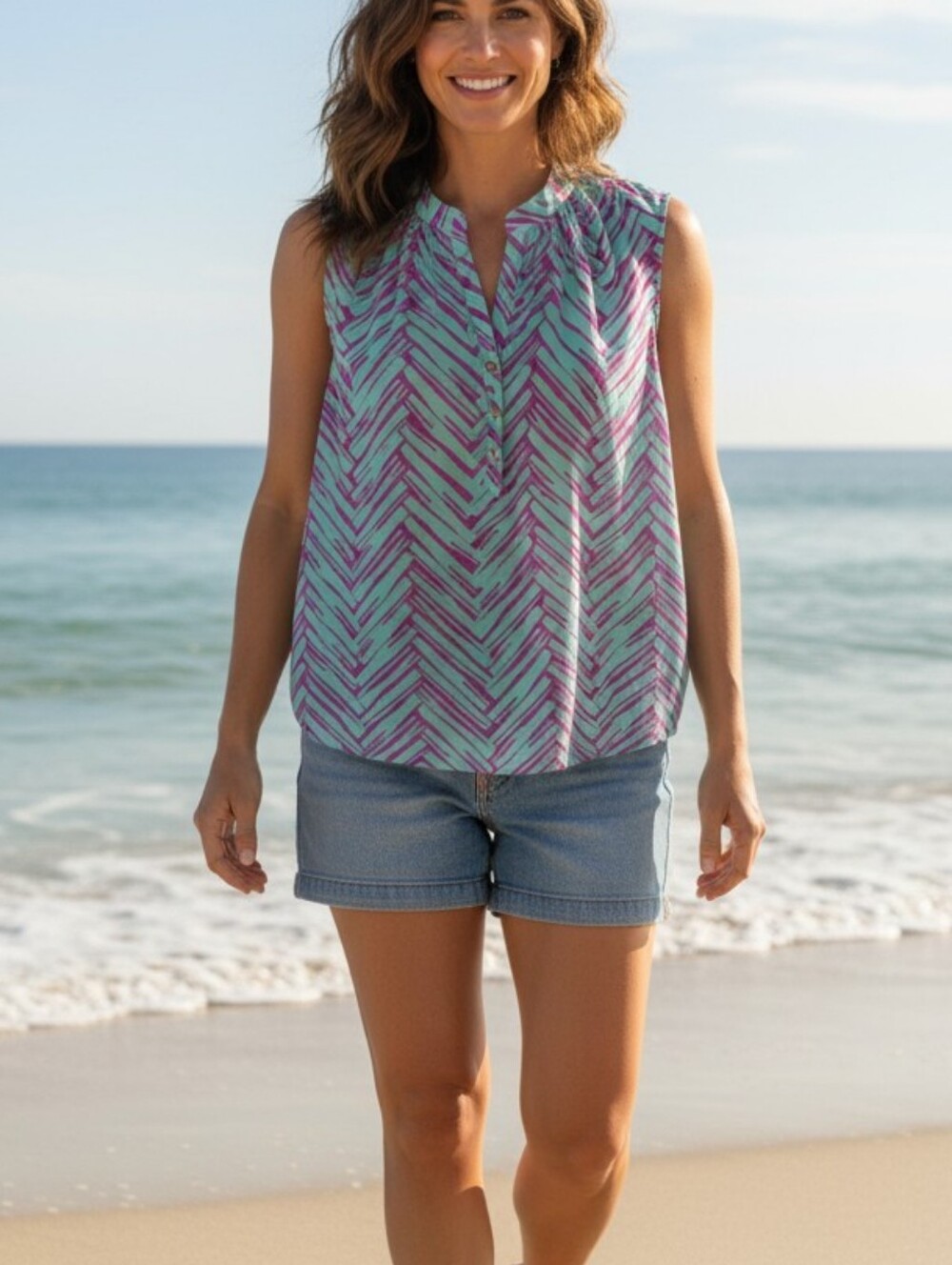 2 Buckhead Betties Sleeveless Top Duo XL Teal Chevron & Solid Light Blue Set